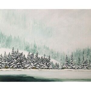 Original Oil Painting Winter Landscape Wall Art Snowy Lake Pines 16x20" Signed